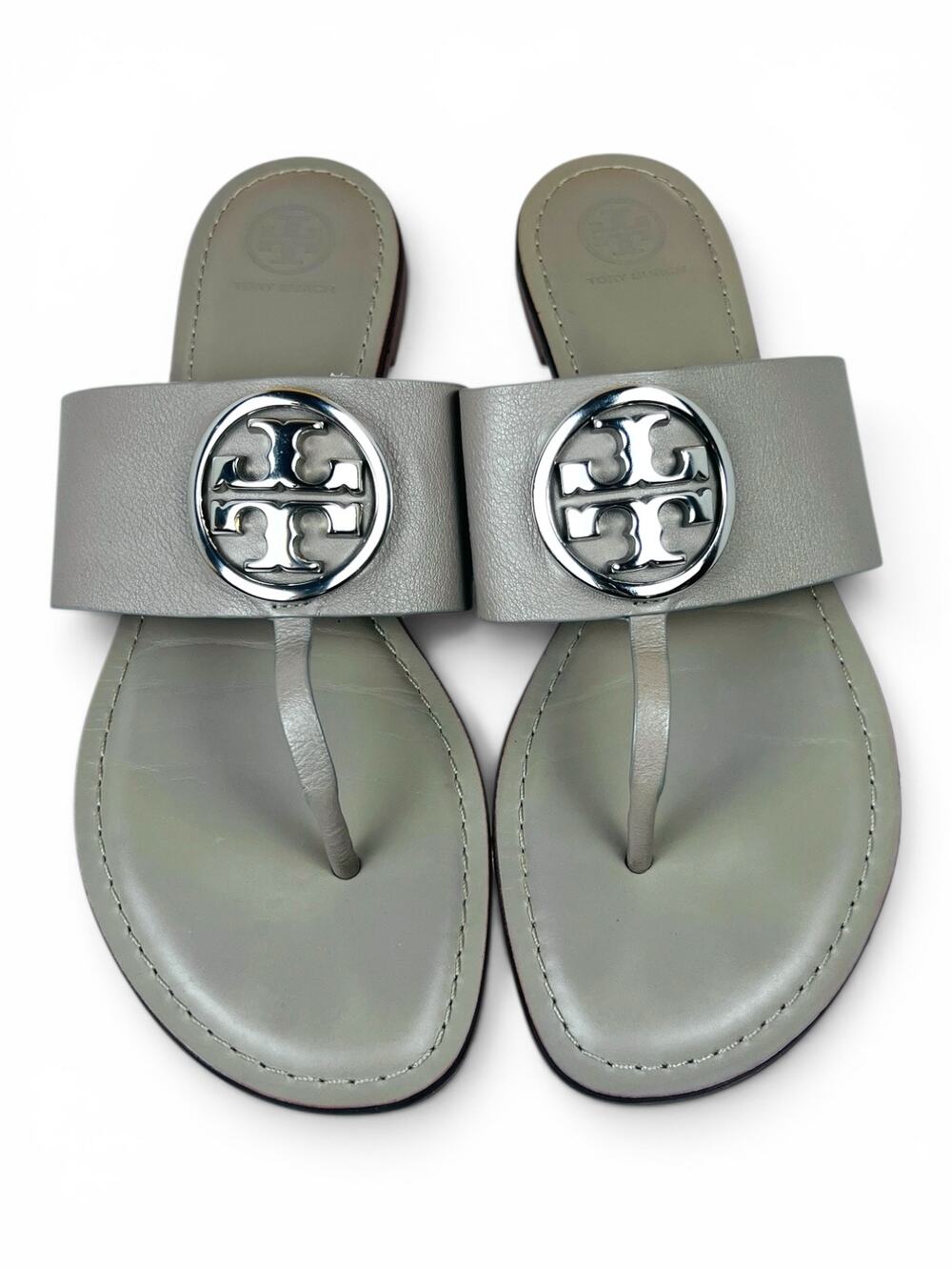 Tory Burch Benton Band Gray Heron Silver Leather Thong Sandals Size 10